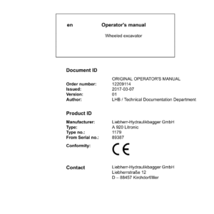Liebherr A920 Standard Hydraulic Excavator Operators Service Repair Manual - Image 2