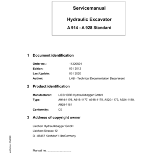 Liebherr A920 Standard Hydraulic Excavator Operators Service Repair Manual - Image 1