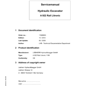 Liebherr A922 Rail Litronic Hydraulic Excavator Operators Service Repair Manual - Image 3