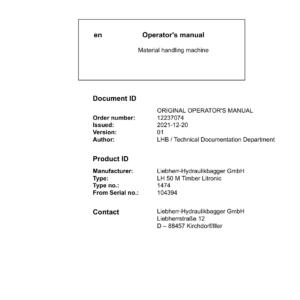 Liebherr LH50 MT (Timber) Hydraulic Excavator Operators Service Repair Manual - Image 2