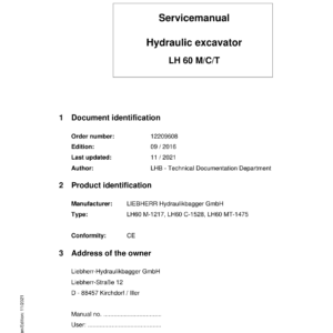 Liebherr LH60 MT (Timber) Hydraulic Excavator Operators Service Repair Manual - Image 1