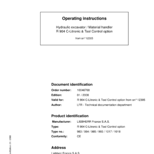 Liebherr R904 C Litronic Hydraulic Excavator Operators Service Repair Manual - Image 2