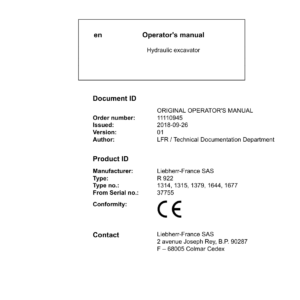 Liebherr R922 Hydraulic Excavator Operators Service Repair Manual - Image 2