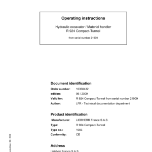 Liebherr R924 Compact (inc Tunnel) Excavator Operators Service Repair Manual - Image 2
