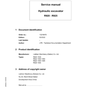 Liebherr R925 Hydraulic Excavator Operators Service Repair Manual - Image 1