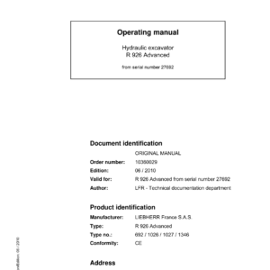 Liebherr R926 Advanced Hydraulic Excavator Operators Service Repair Manual - Image 2