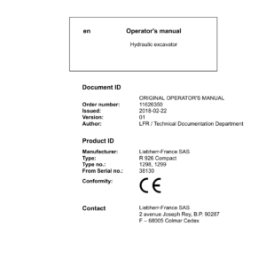 Liebherr R926 Compact Hydraulic Excavator Operators Service Repair Manual - Image 2