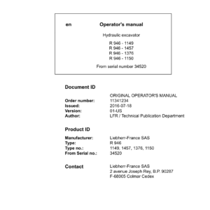 Liebherr R946 Hydraulic Excavator Operators Service Repair Manual - Image 2