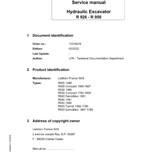 Liebherr R950 Hydraulic Excavator Operators Service Repair Manual - Image 1