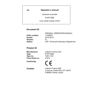 Liebherr R970 SME Hydraulic Excavator Operators Service Repair Manual - Image 2