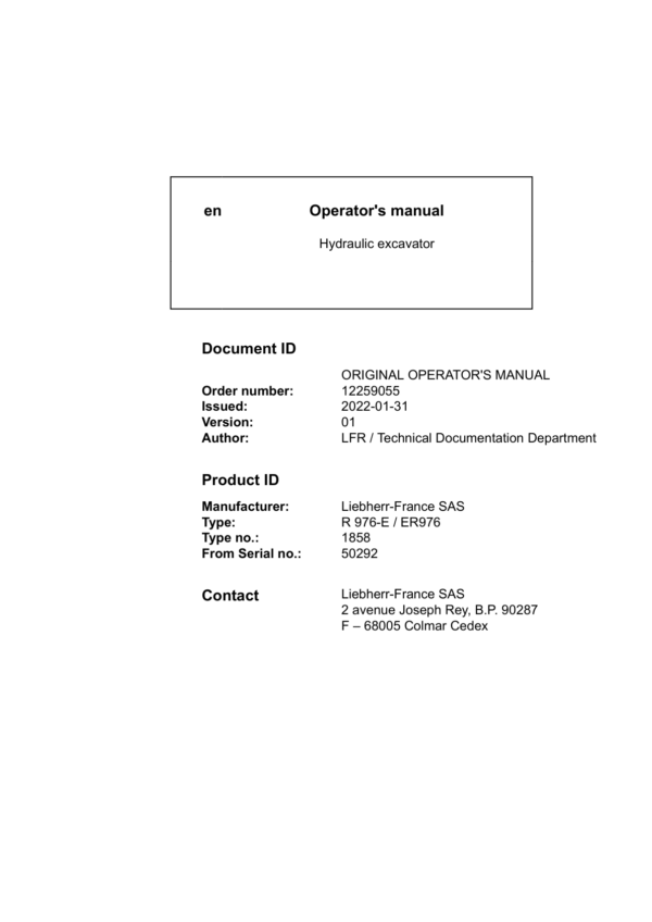 Liebherr R976 E Hydraulic Excavator Operators Manual