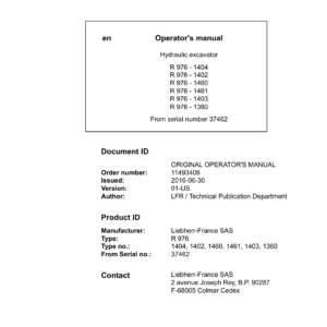 Liebherr R976 Hydraulic Excavator Operators Service Repair Manual - Image 2