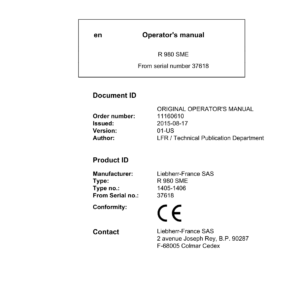 Liebherr R980 SME Hydraulic Excavator Operators Service Repair Manual - Image 2