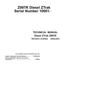 John Deere Z997R ZTrak Riding Mower Service Repair Manual (TM132819)