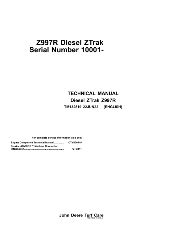 John Deere Z997R ZTrak Riding Mower Service Repair Manual (TM132819)