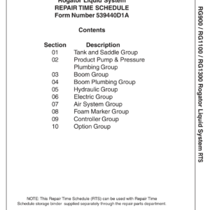 Ag-Chem RG900, RG1100, RG1300 Row Crop Liquid System Repair Time Schedule Manual - Image 1