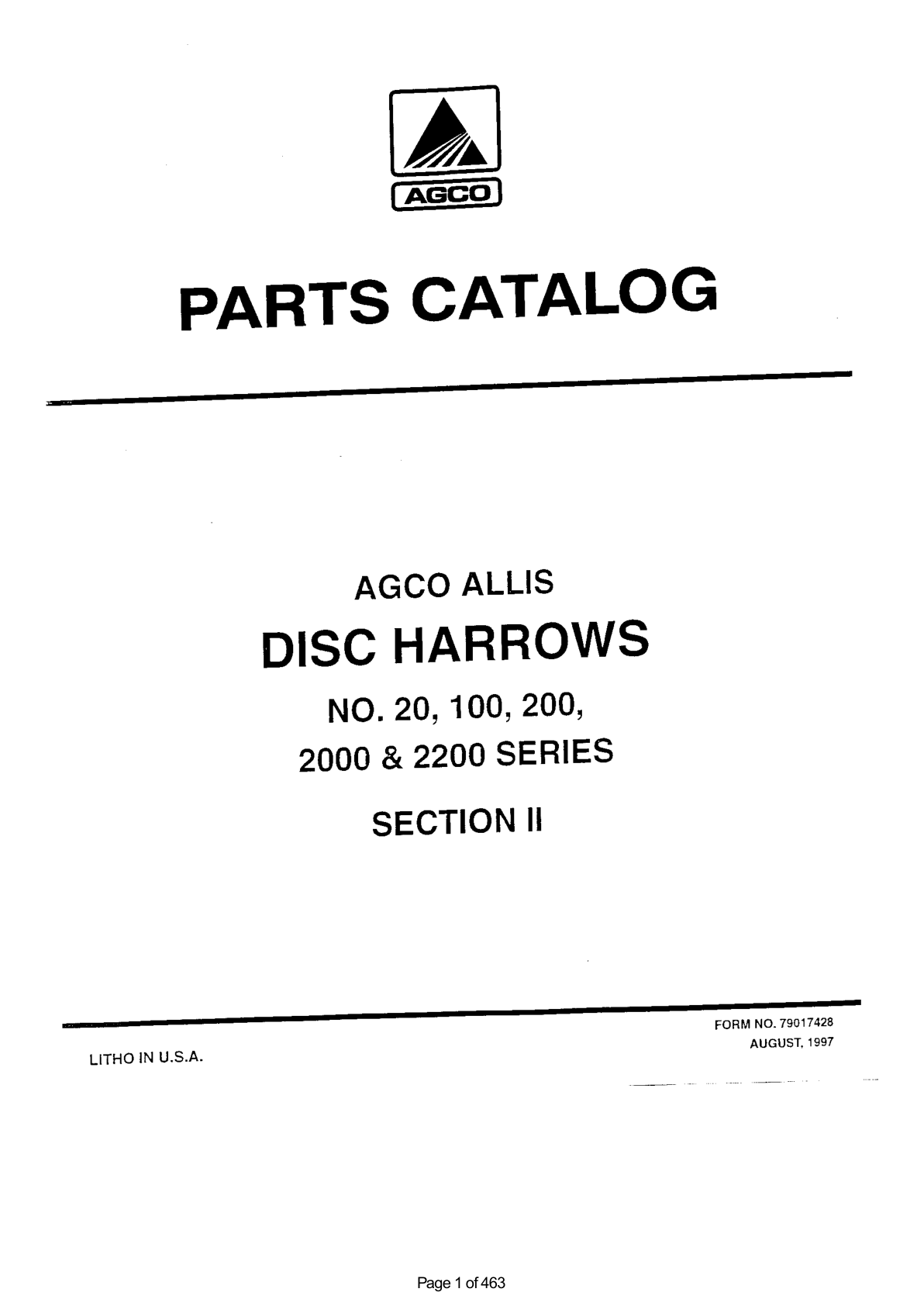 AGCO Allis 2000, 2200 Series Disc Harrow Parts Catalog Manual