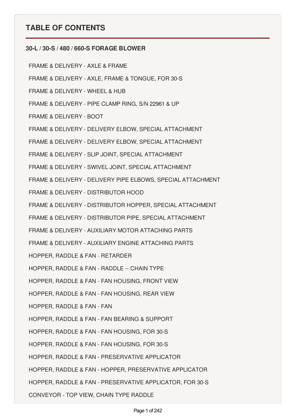 AGCO Allis 30-L, 30-S, 480, 660-S Forage Blower Parts Catalog Manual