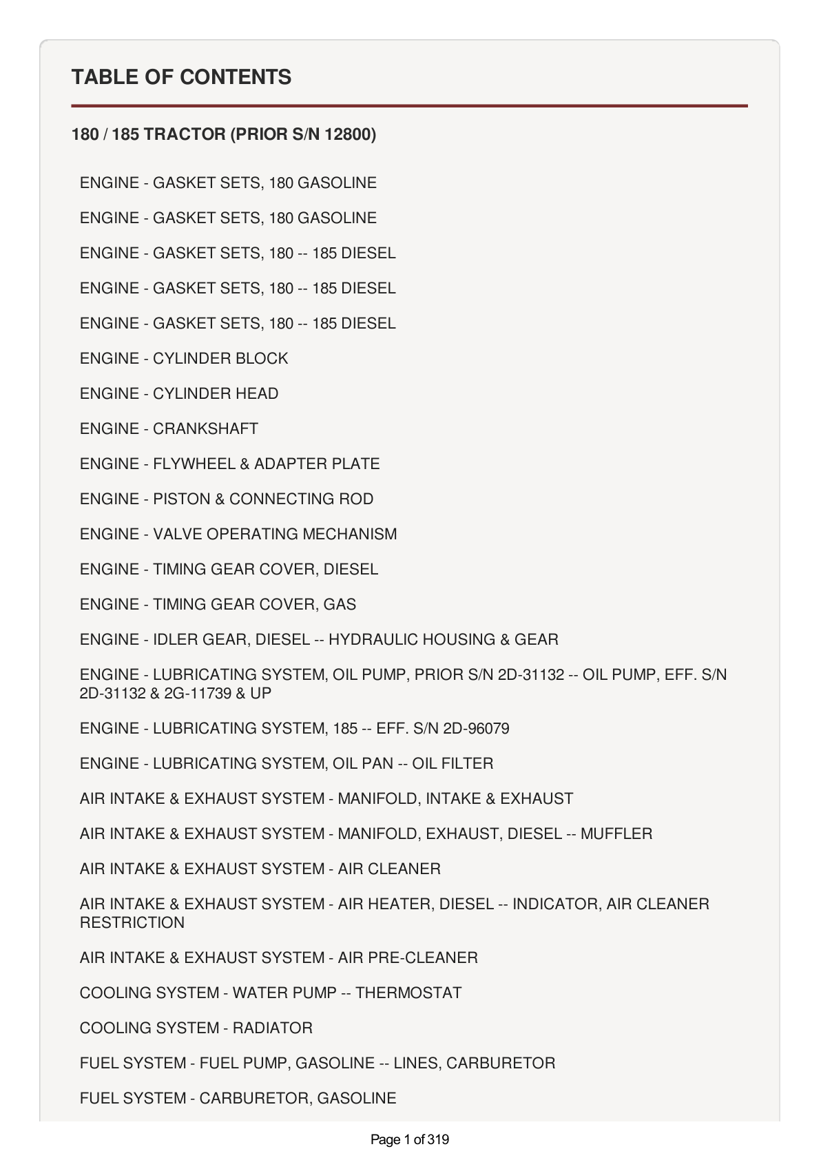 AGCO Allis 180, 185 Tractor Parts Catalog Manual (SN before 12800)