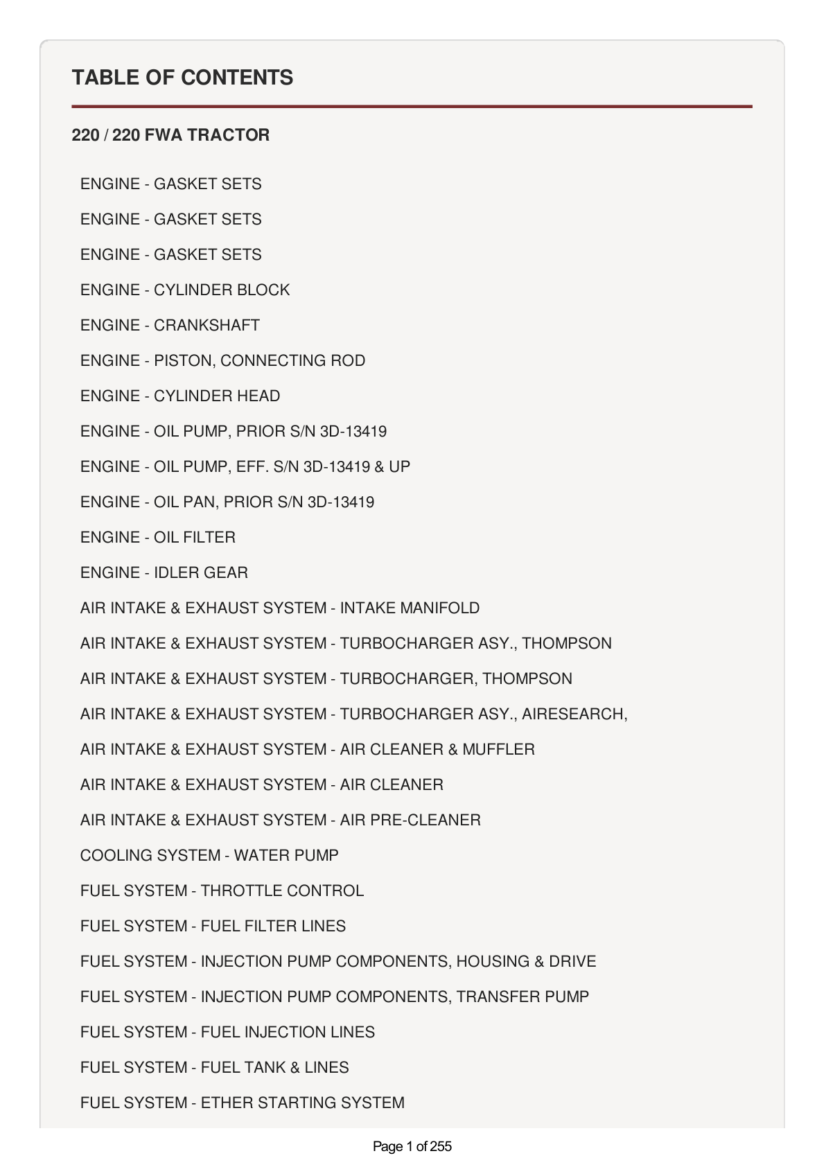 AGCO Allis 220, 220 FWA Tractor Parts Catalog Manual