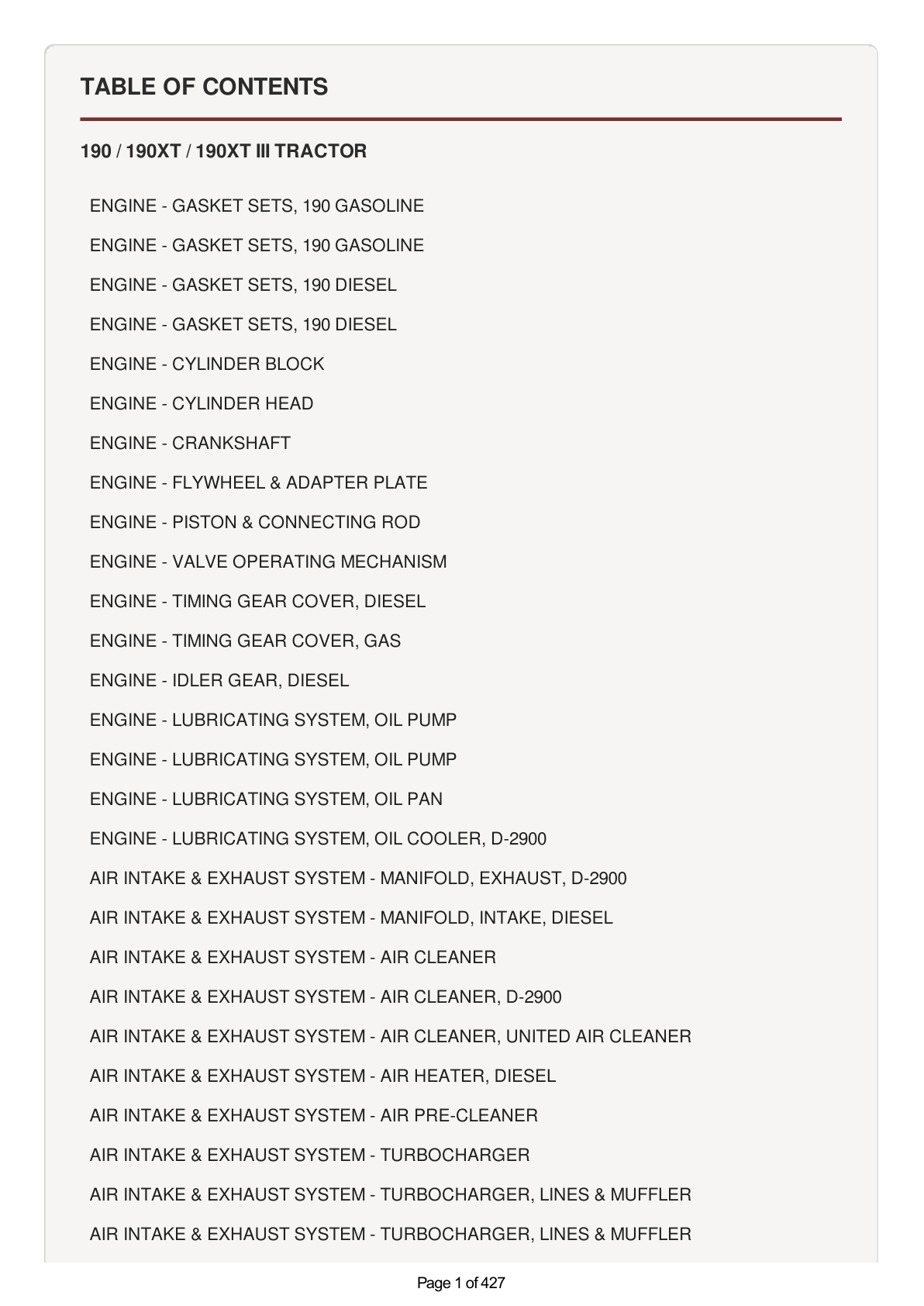 AGCO Allis 190, 190XT, 190XT III Tractor Parts Catalog Manual