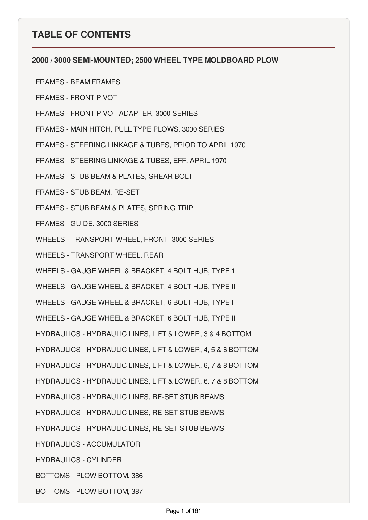 AGCO Allis 2000, 3000 Semi-Mounted and 2500 Wheel Type Moldboard Plow Parts Catalog Manual