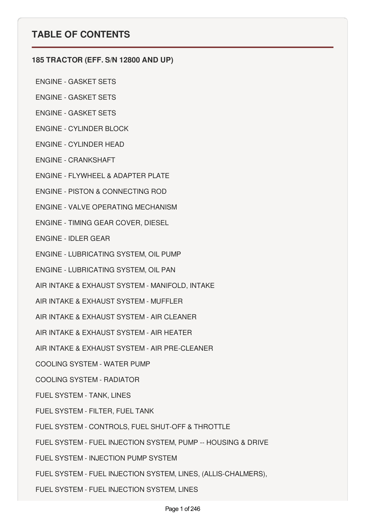 AGCO Allis 185 Tractor Parts Catalog Manual (SN 12800 and Up)