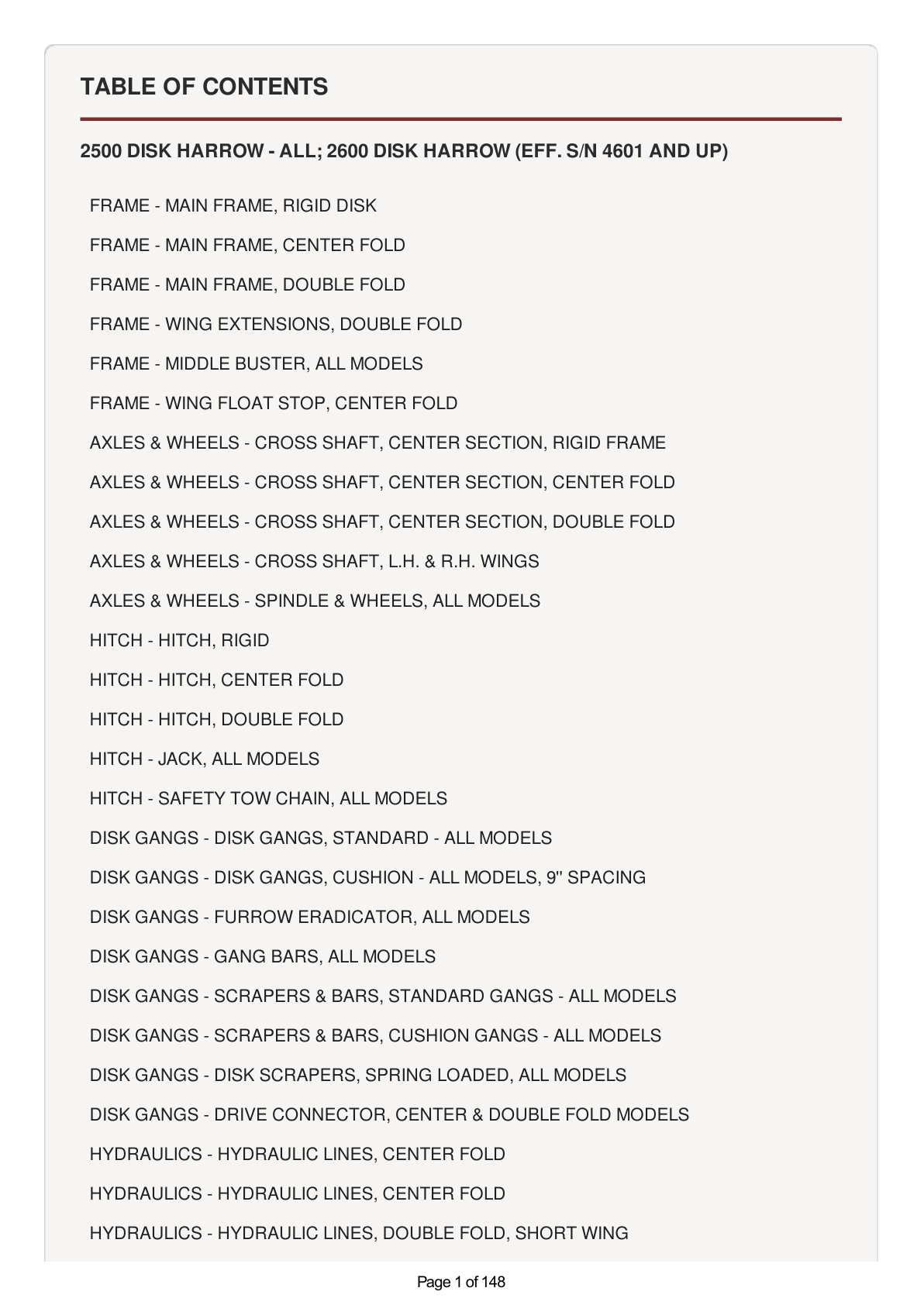AGCO Allis 2500 Disk Harrow - All and 2600 Disk Harrow Parts Catalog Manual (SN 4601 and Up)