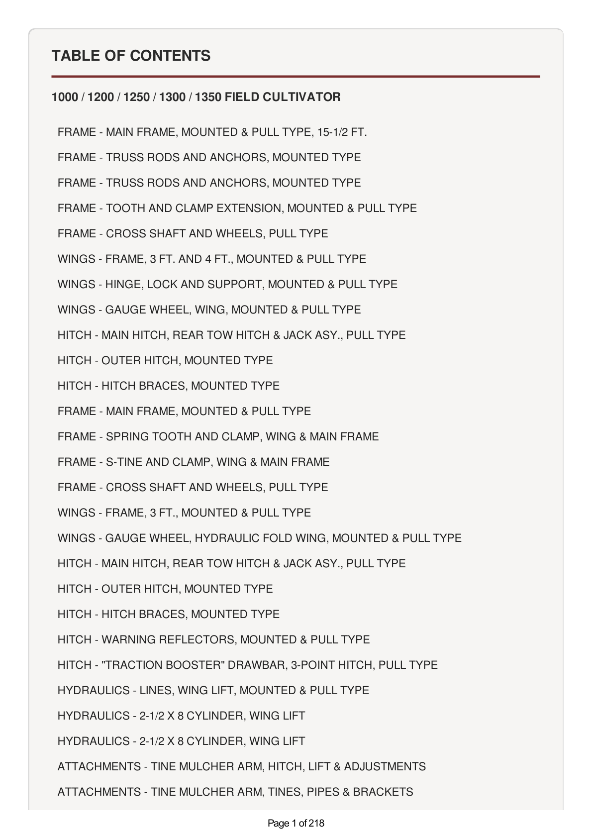 AGCO Allis 1000, 1200, 1250, 1300, 1350 Field Cultivator Parts Catalog Manual