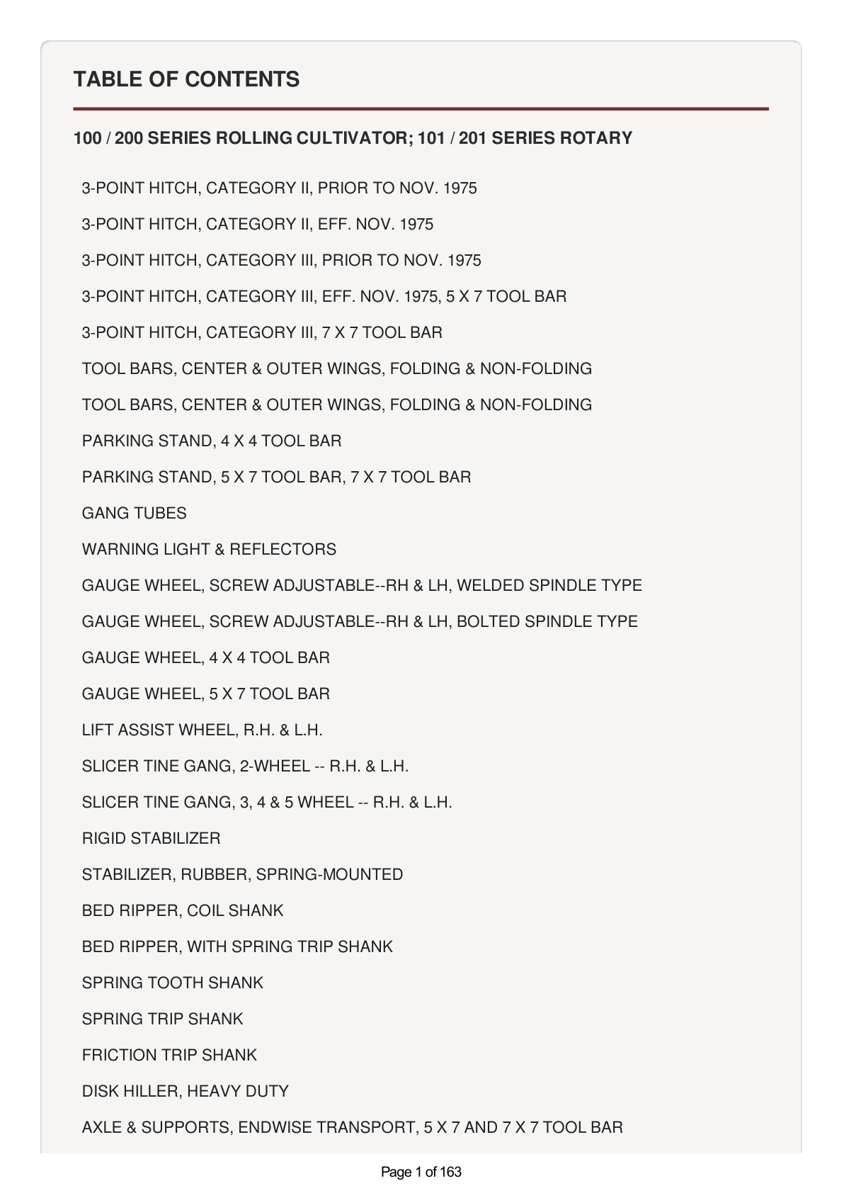 AGCO Allis 100, 200 Series Rolling Cultivator and 101, 201 Series Rotary Parts Catalog Manual