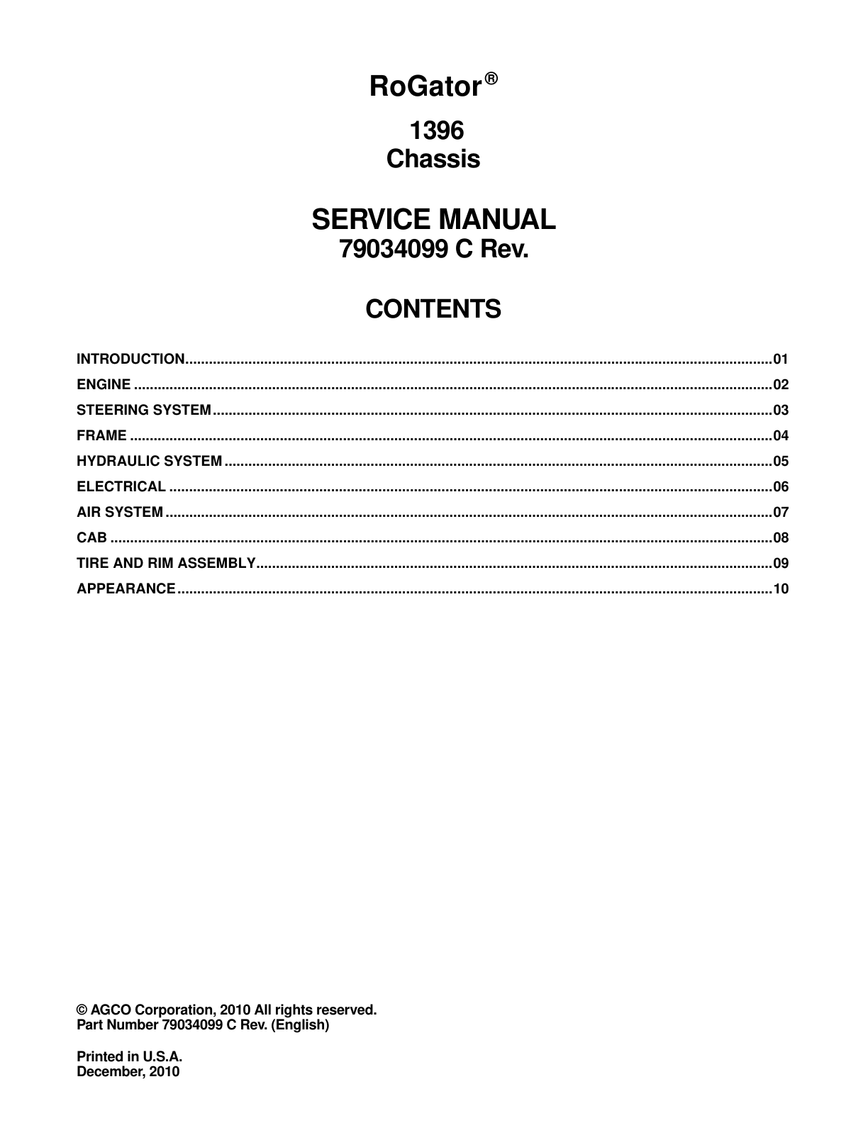 Ag-Chem 1396 RoGator Chasis Service Repair Manual