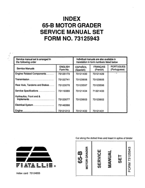 Fiat Allis 65 Motor Grader (Diesel and Gas) Tractor Service Repair Manual