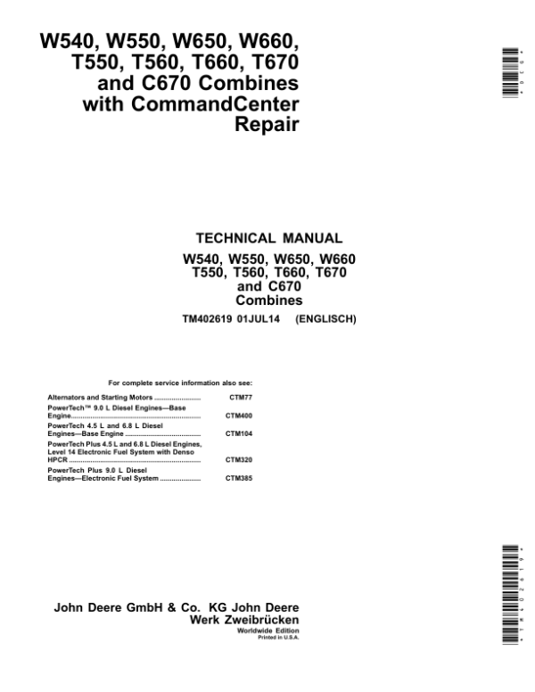 John Deere W540, W550, W560, W660, T550, T560, T660, T670, C670 Combine Service Repair Manual