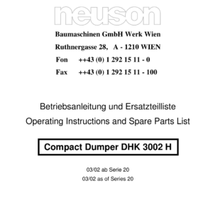 Wacker Neuson 2000-3002H, 3002M Dumper Operators and Parts Catalog Manual