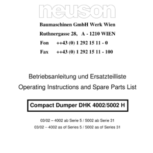 Wacker Neuson 2300-4002H, 4002M, 2700-5002H, 5002M Dumper Operators and Parts Catalog Manual
