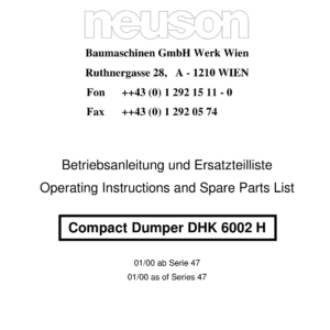 Wacker Neuson 3500-6002H, 6002M Dumper Operators and Parts Catalog Manual