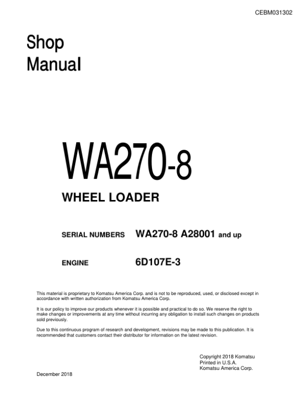 Komatsu WA270-8 Wheel Loader Service Repair Manual